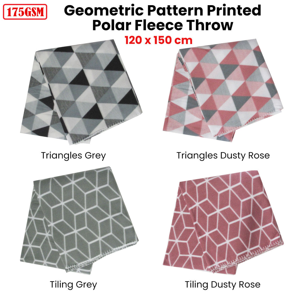 Triangles 175GSM Geometric Pattern Printed Polar Fleece Throw Rug 120 x 150cm Grey