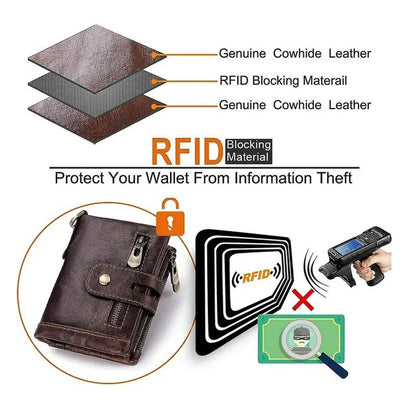 Men's Genuine Leather Wallet RFID Blocking Retro Bifold Zipper Card Holder with Key Chain