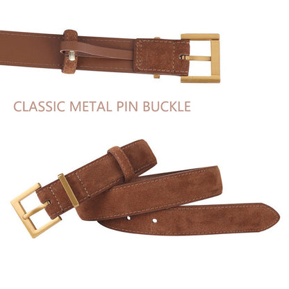 Women's Genuine Suede Leather Belt Classic Pin Buckle Cowhide Belts (Black)