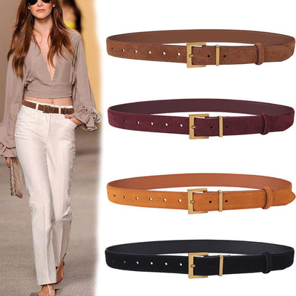Women's Genuine Suede Leather Belt Classic Pin Buckle Cowhide Belts (Caramel)