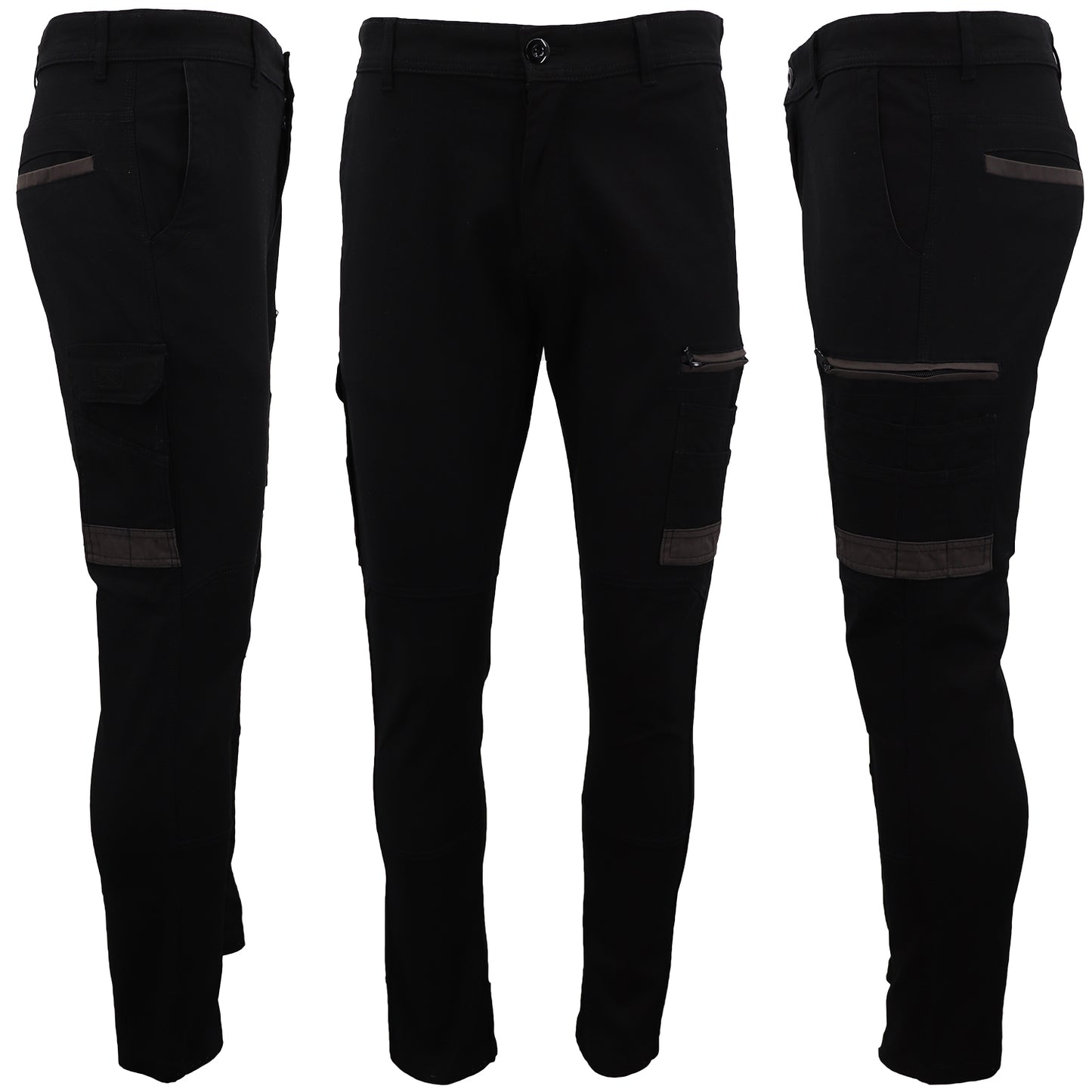 Men's Cotton Drill Cargo Work Pants UPF 50+ 13 Pockets Tradies Workwear Trousers, Black, 30