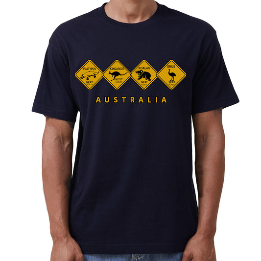 Adult Unisex 100% Cotton T Shirt Australia Wildlife Road Sign Souvenir Tee Tops, Navy, S