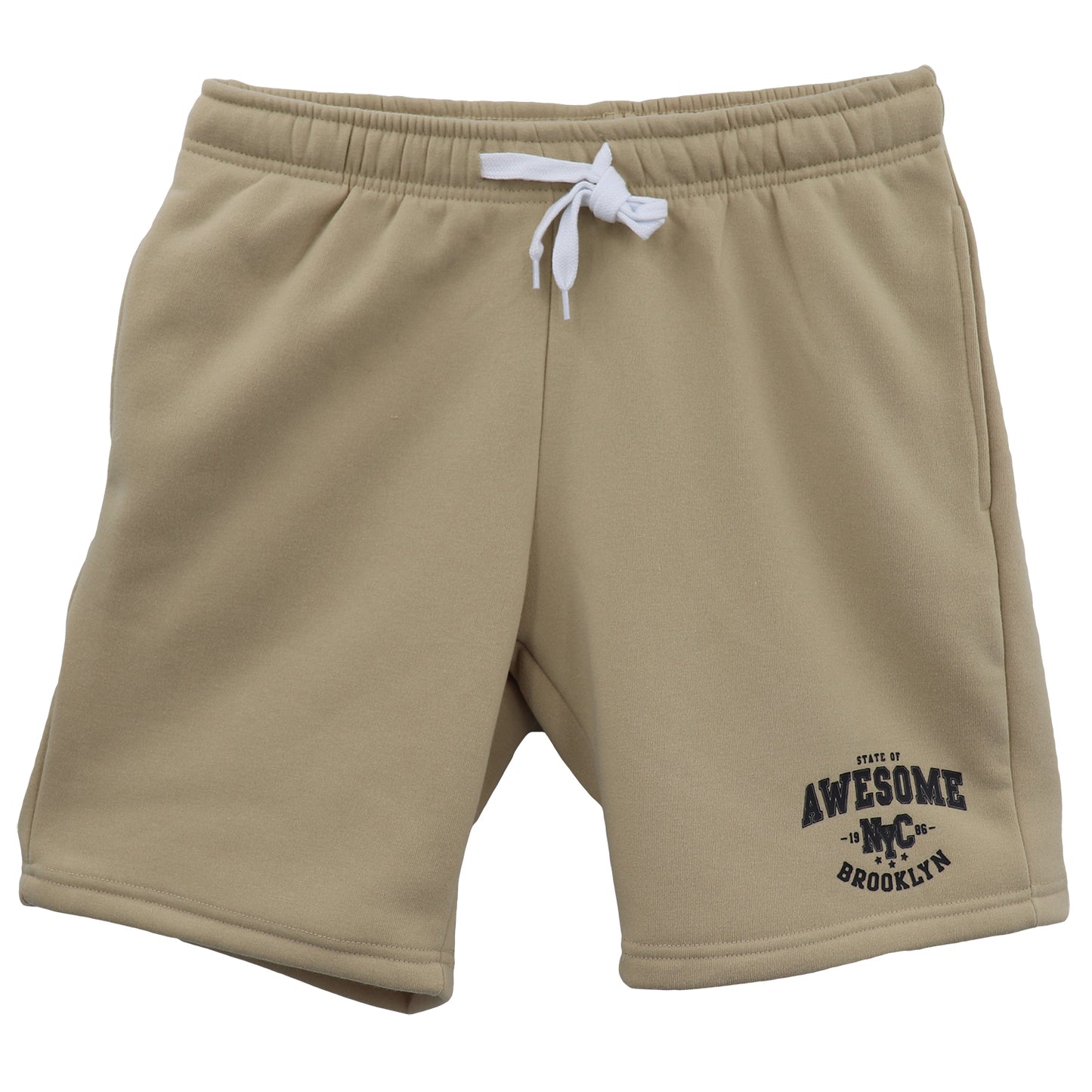 Men's Fleece Shorts Casual Sports Sweat Pants w Elastic Waist Drawstring Pockets, Beige, XS