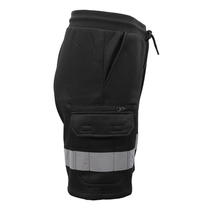Hi Vis Fleece Work Cargo Shorts w Reflective Tape Workwear Tradie Utility Pants, Black, S