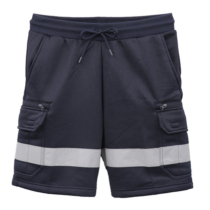 Hi Vis Fleece Work Cargo Shorts w Reflective Tape Workwear Tradie Utility Pants, Navy, S