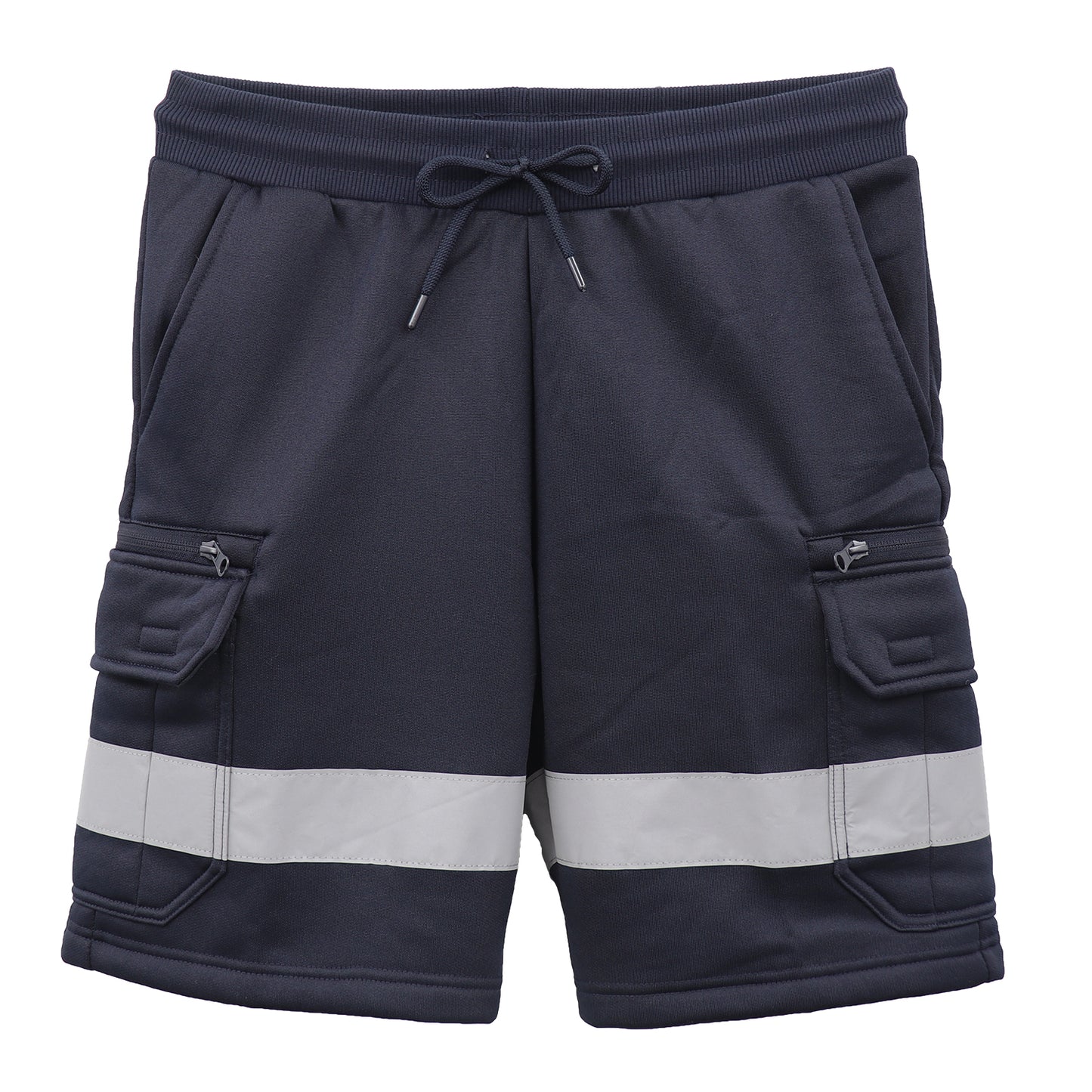 Hi Vis Fleece Work Cargo Shorts w Reflective Tape Workwear Tradie Utility Pants, Navy, L