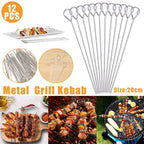 12PC Metal BBQ Skewers Reusable 20cm Grill Sticks Kebab Grilling Tools
