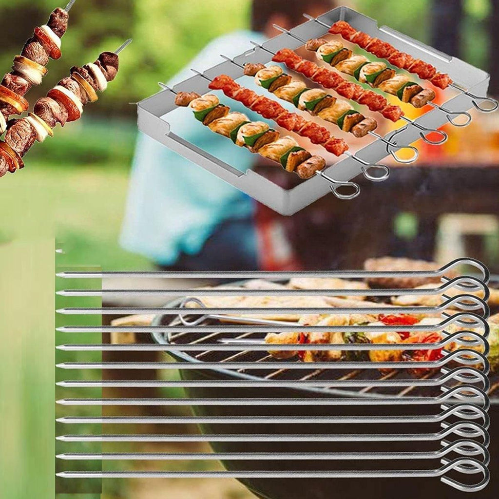 12PC Metal BBQ Skewers Reusable 20cm Grill Sticks Kebab Grilling Tools