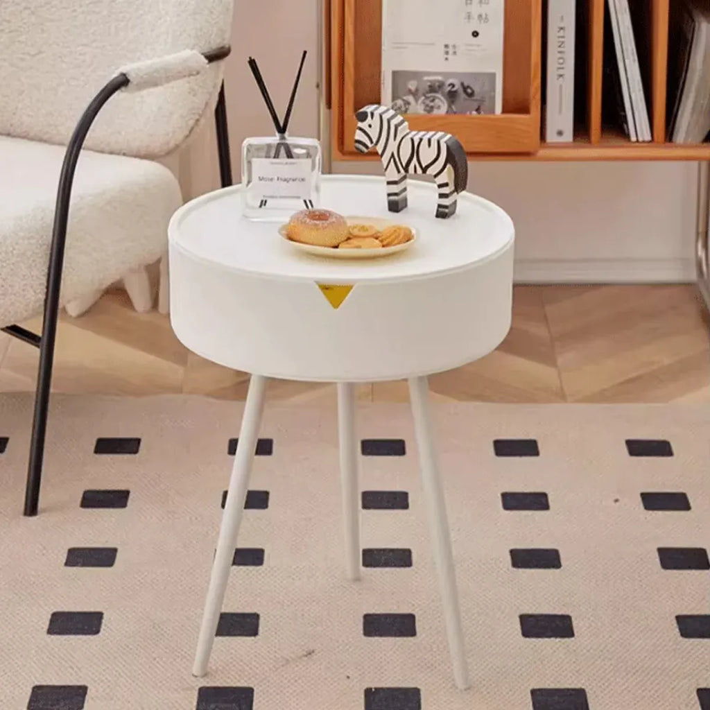 Modern Round Bedside Table with Storage White Small Coffee Side Table 40cm