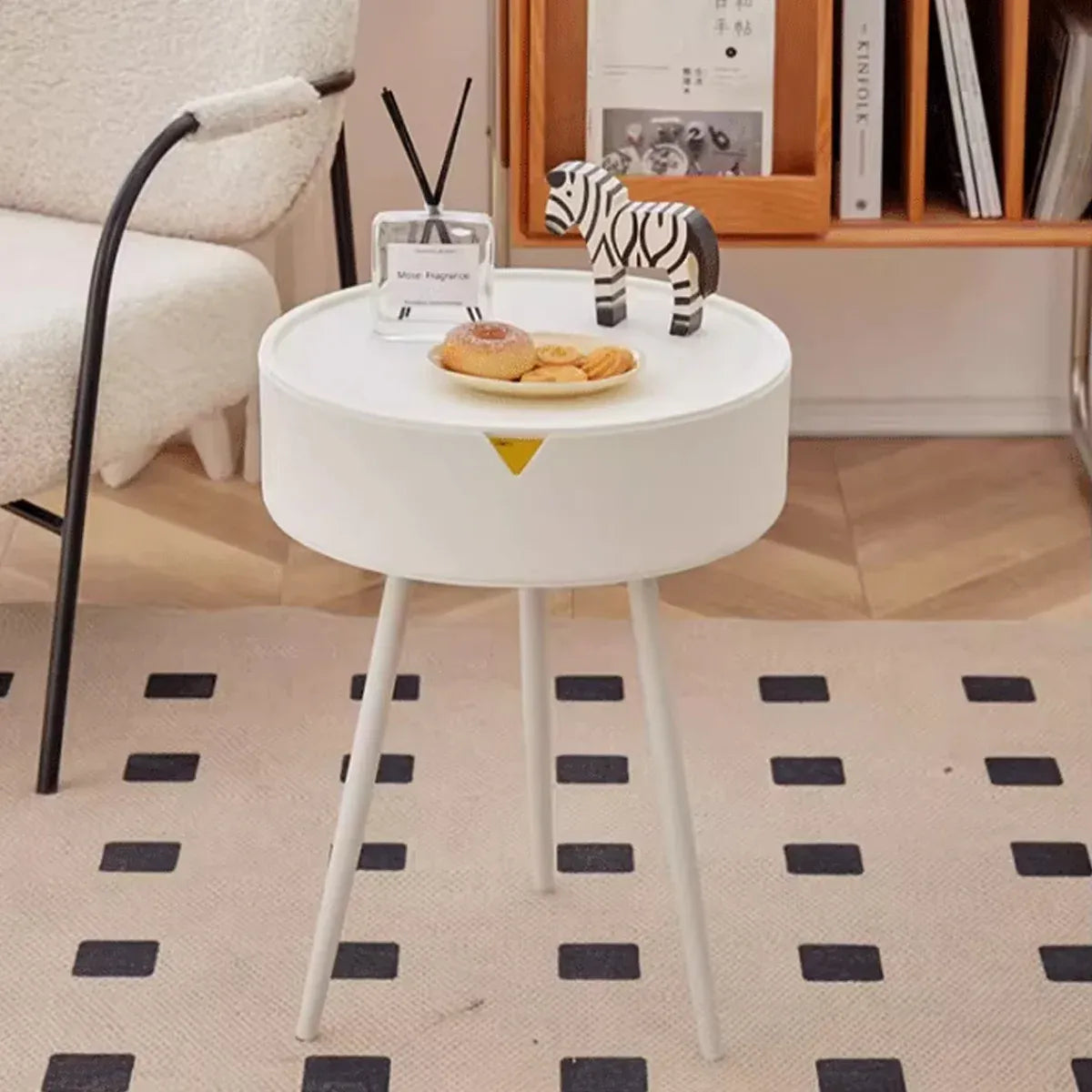 Modern Round Bedside Table with Storage White Small Coffee Side Table 40cm