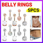 5Pcs Belly Bar Piercing Ring Crystal Zircon Surgical Steel Silver Jewellery - Silver