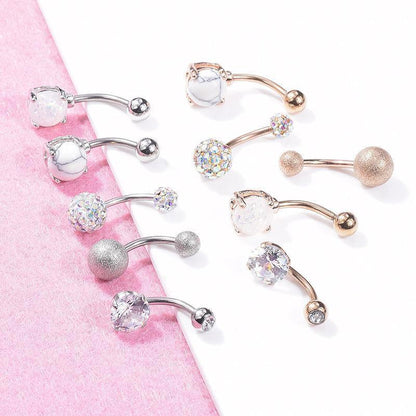 5Pcs Belly Bar Piercing Ring Crystal Zircon Surgical Steel Silver Jewellery - Silver