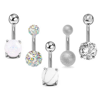 5Pcs Belly Bar Piercing Ring Crystal Zircon Surgical Steel Silver Jewellery - Silver