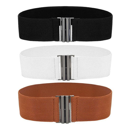 Women Elastic Waist Belt Stretch Cinch Wide Band with Metal Buckle for Dress 3Colours - Brown