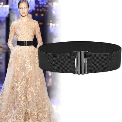 Women Elastic Waist Belt Stretch Cinch Wide Band with Metal Buckle for Dress 3Colours - Brown