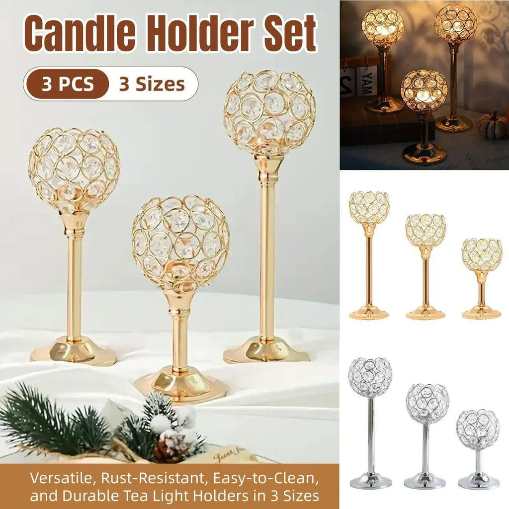 3PCS Crystal Candle Holders Metal Candlelight Wedding Home Dinner Decoration - Silver