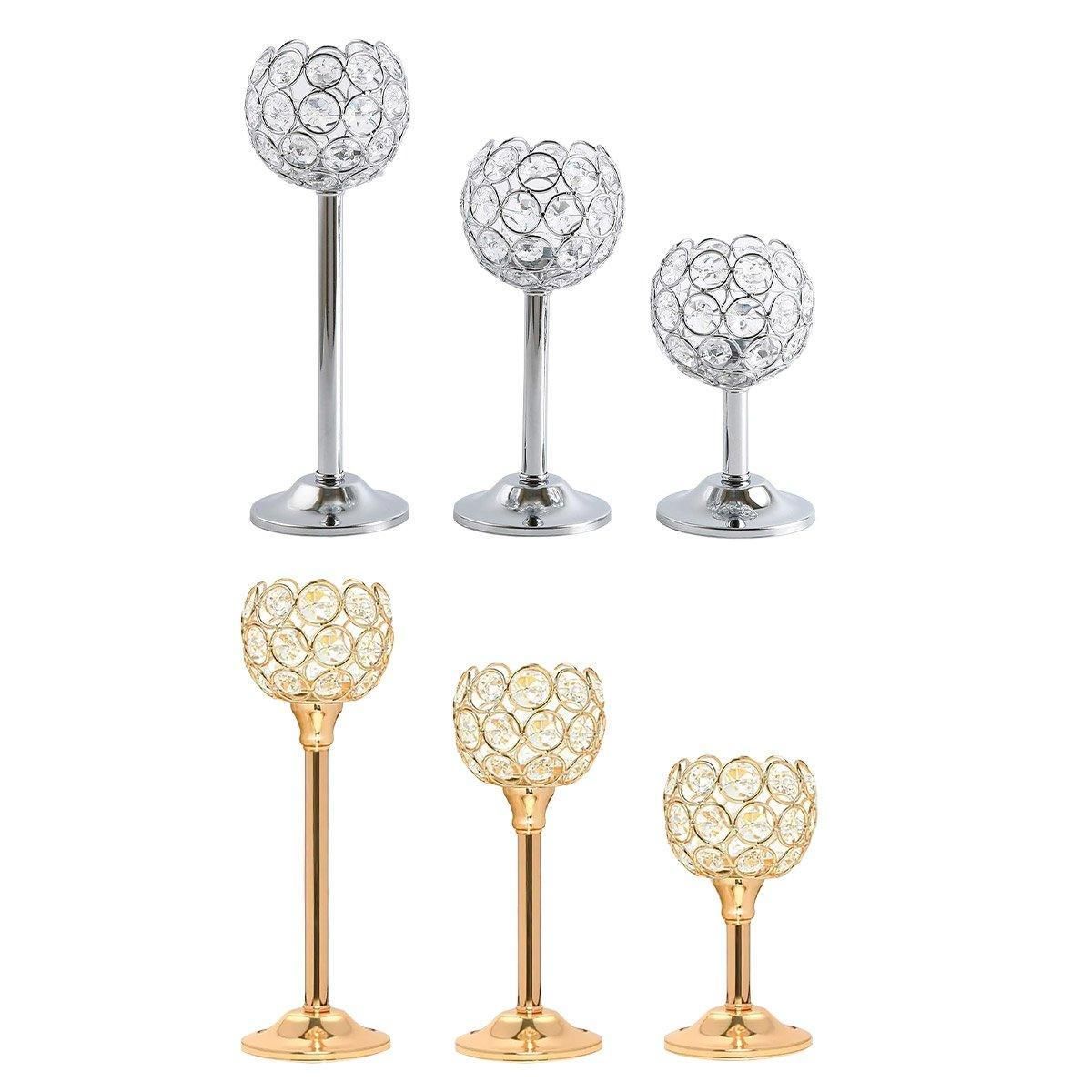 3PCS Crystal Candle Holders Metal Candlelight Wedding Home Dinner Decoration - Silver