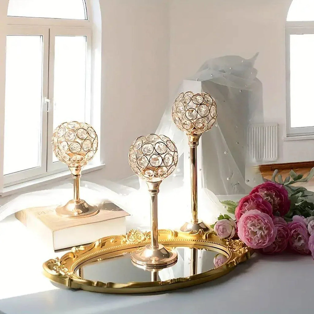 3PCS Crystal Candle Holders Metal Candlelight Wedding Home Dinner Decoration - Silver