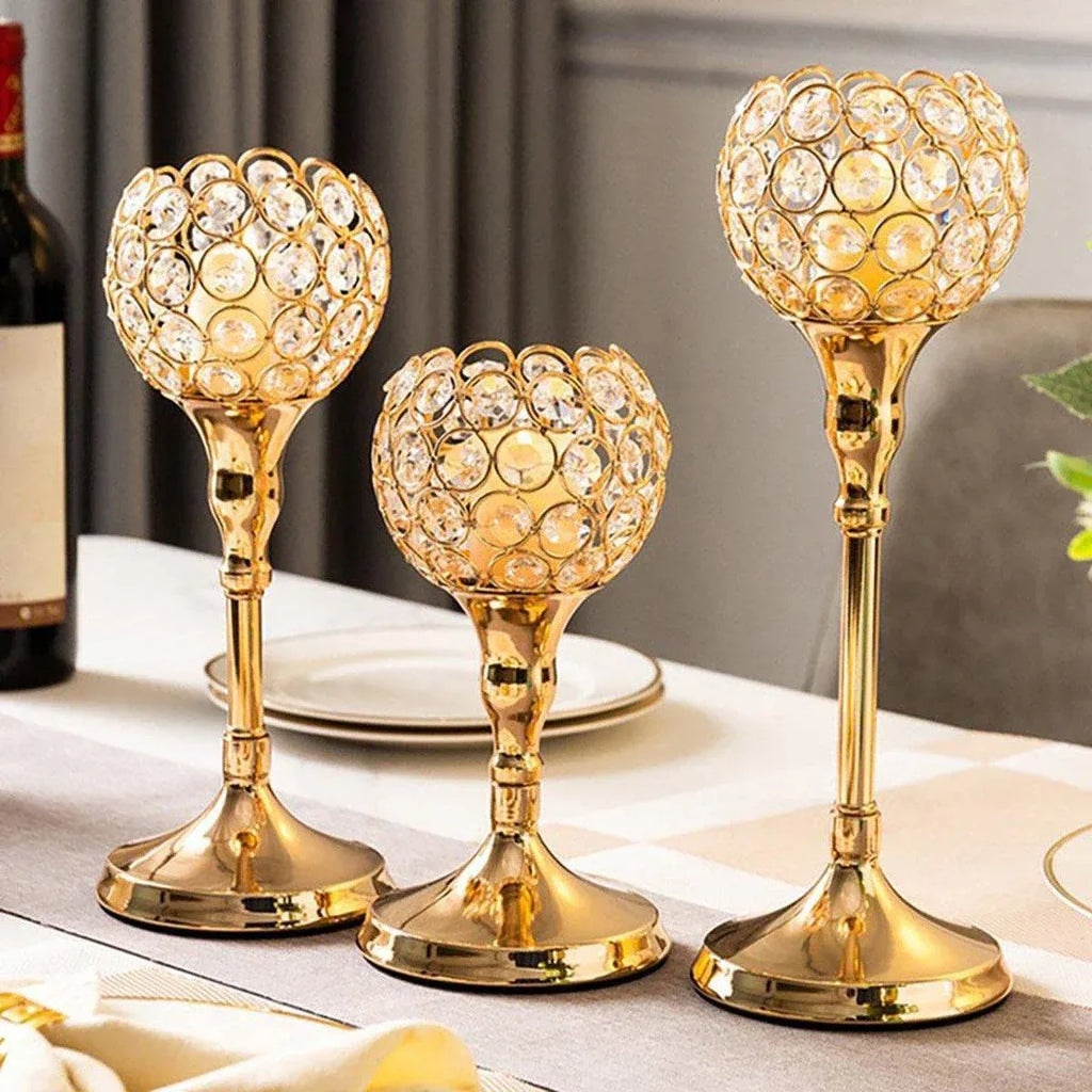 3PCS Crystal Candle Holders Metal Candlelight Wedding Home Dinner Decoration - Silver