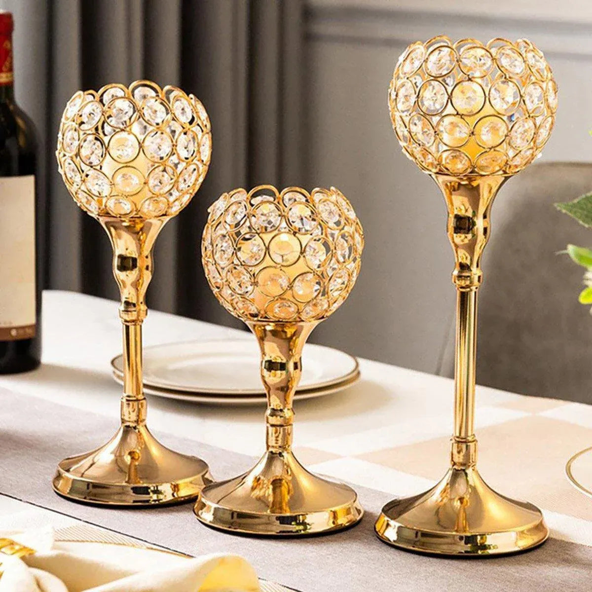 3PCS Crystal Candle Holders Metal Candlelight Wedding Home Dinner Decoration - Silver