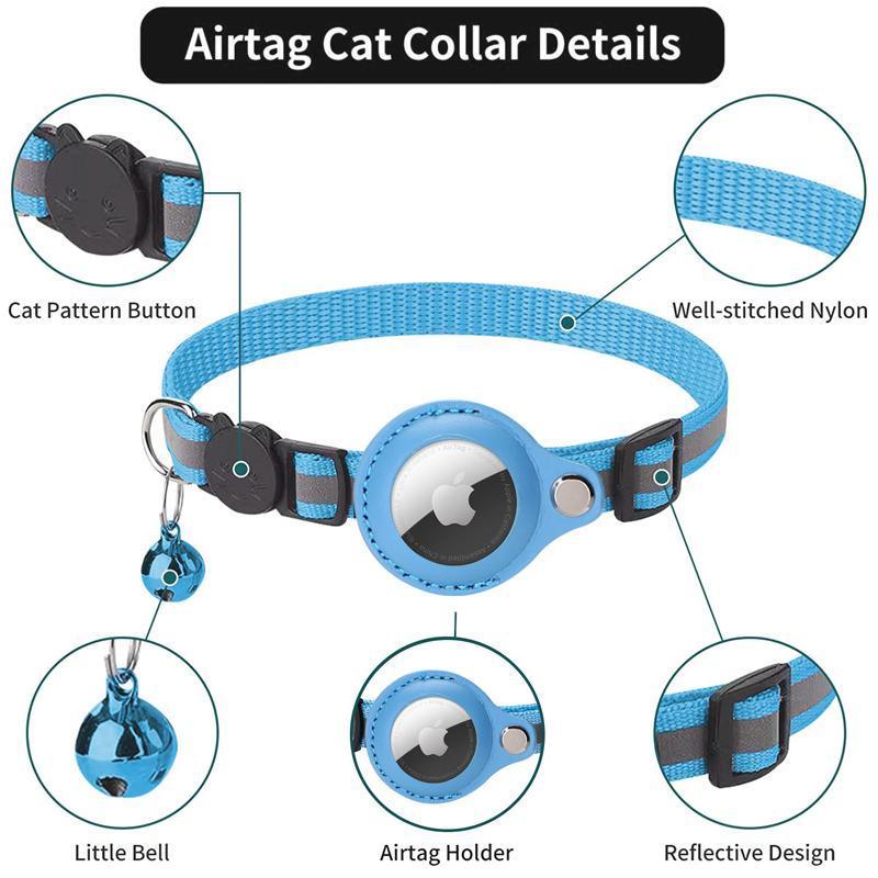 Reflective Pet Collar with Holder for AirTag Tracker – Anti-Lost Cat Dog Tag - Blue