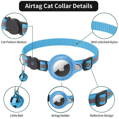Reflective Pet Collar with Holder for AirTag Tracker – Anti-Lost Cat Dog Tag - Blue