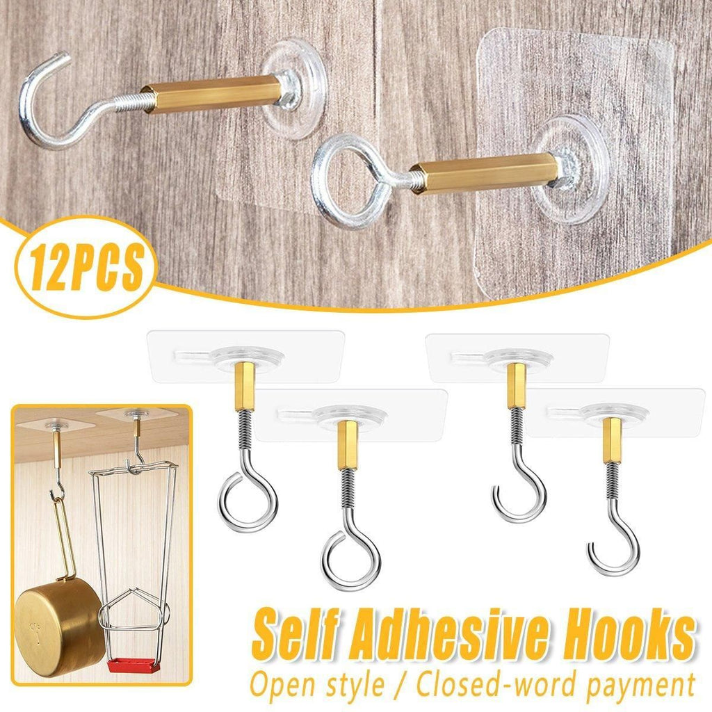 12 PCS Heavy Duty Self Adhesive Hooks Stainless Steel Ceiling Hooks for Home - Closed