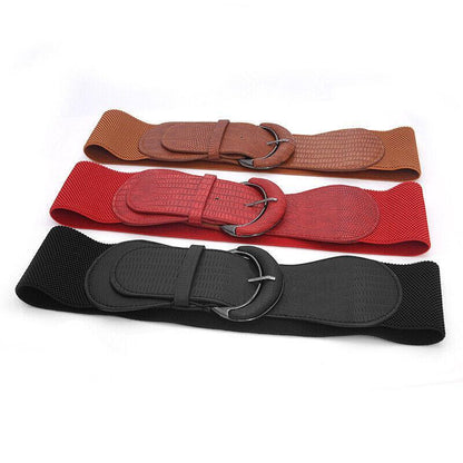 Faux Leather Cinch Waist Belt with Buckle for Women Stretch Wide Elastic Dress Belt - Leopard