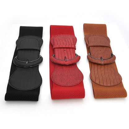 Faux Leather Cinch Waist Belt with Buckle for Women Stretch Wide Elastic Dress Belt - Leopard