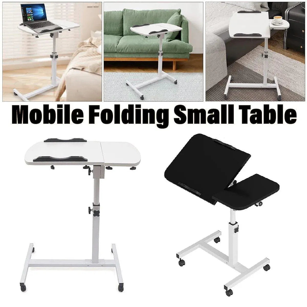 Adjustable Folding Computer Desk Stand Floor-Standing Movable Bedside Table - White