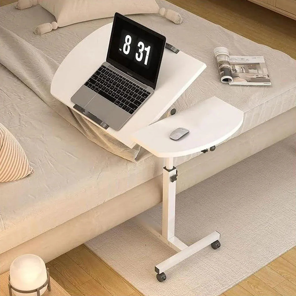 Adjustable Folding Computer Desk Stand Floor-Standing Movable Bedside Table - White
