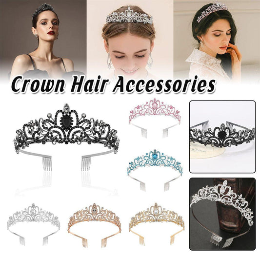 Princess Rhinestone Queen Hair Tiara Headband Hair Accessories Crystal Crown - Silver-Blue