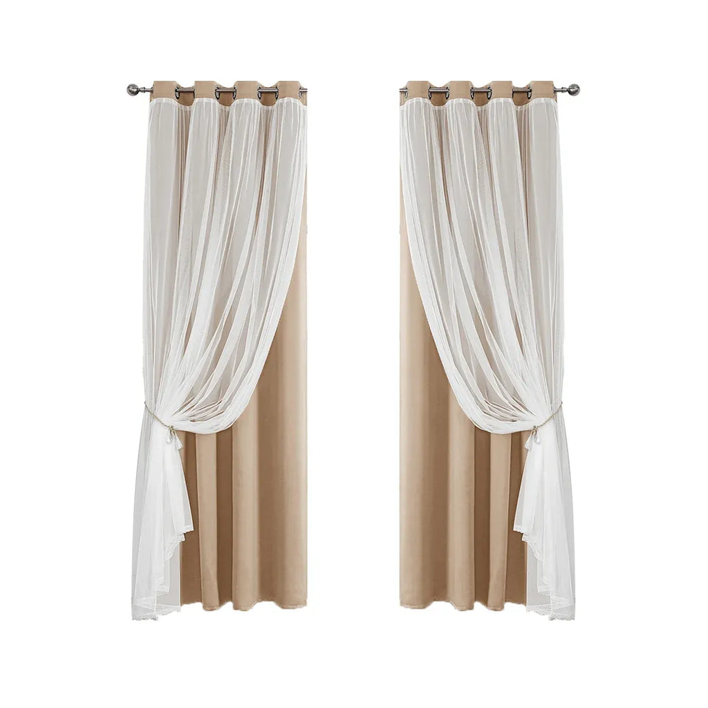2PCS Double Layer Blackout Curtains With Lace For Bedroom Living Room Window - Beige