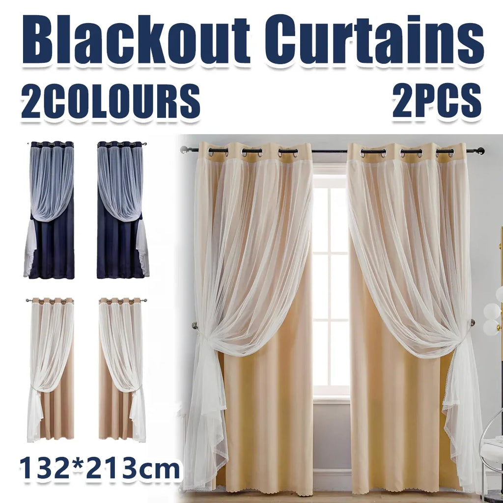 2PCS Double Layer Blackout Curtains With Lace For Bedroom Living Room Window - Beige