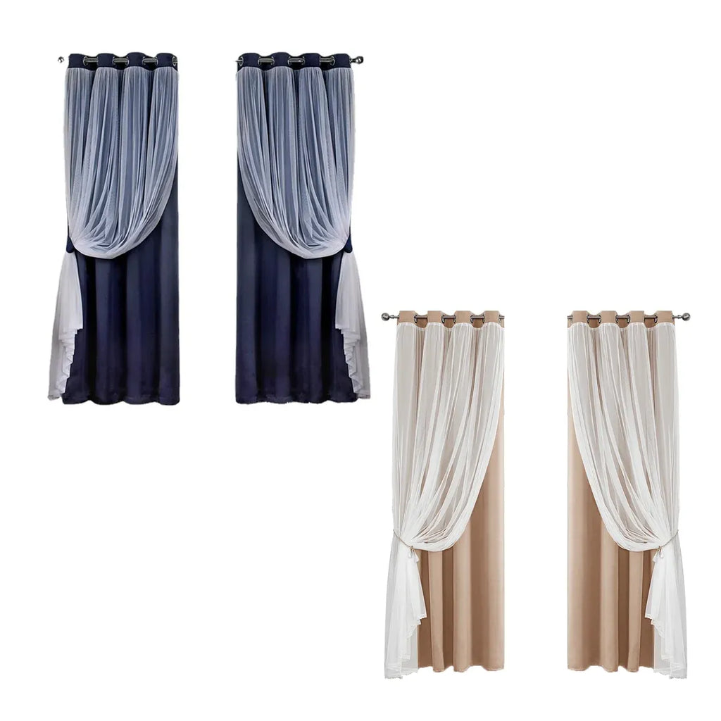 2PCS Double Layer Blackout Curtains With Lace For Bedroom Living Room Window - Beige