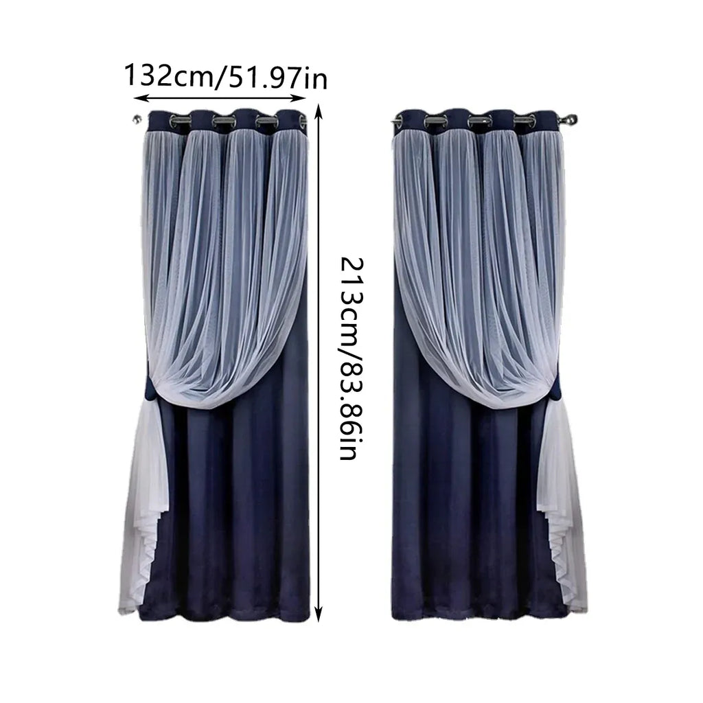 2PCS Double Layer Blackout Curtains With Lace For Bedroom Living Room Window - Beige