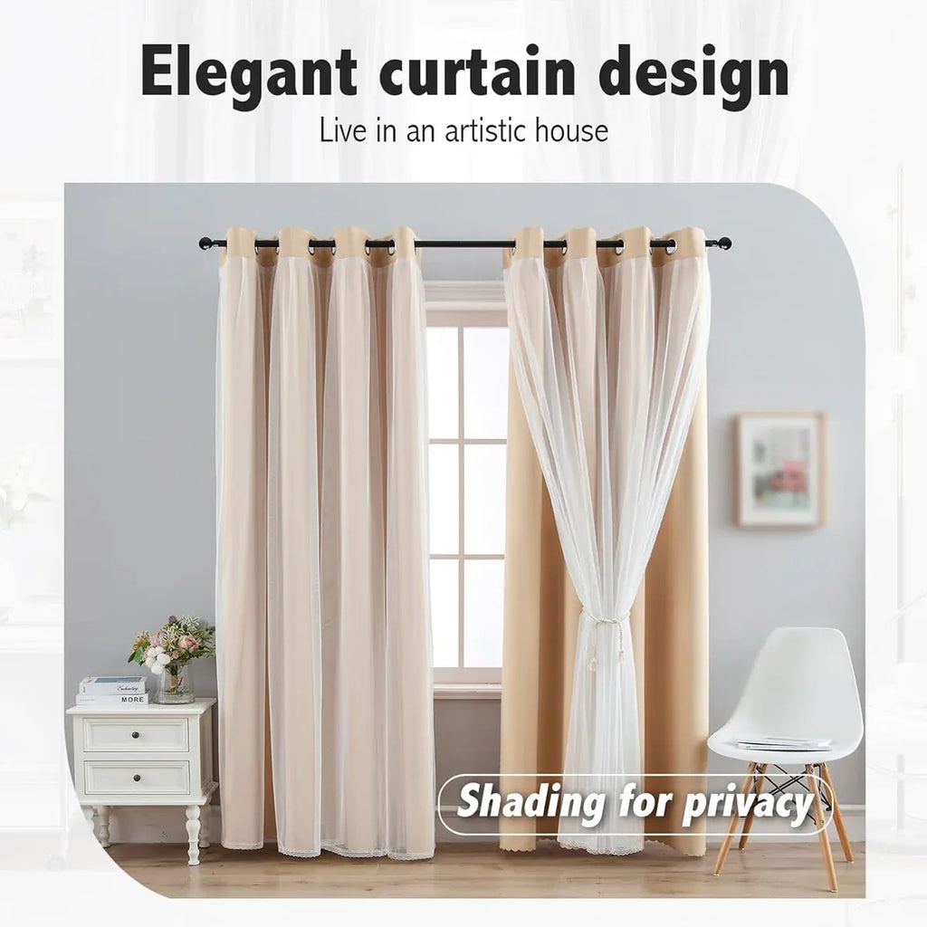 2PCS Double Layer Blackout Curtains With Lace For Bedroom Living Room Window - Beige