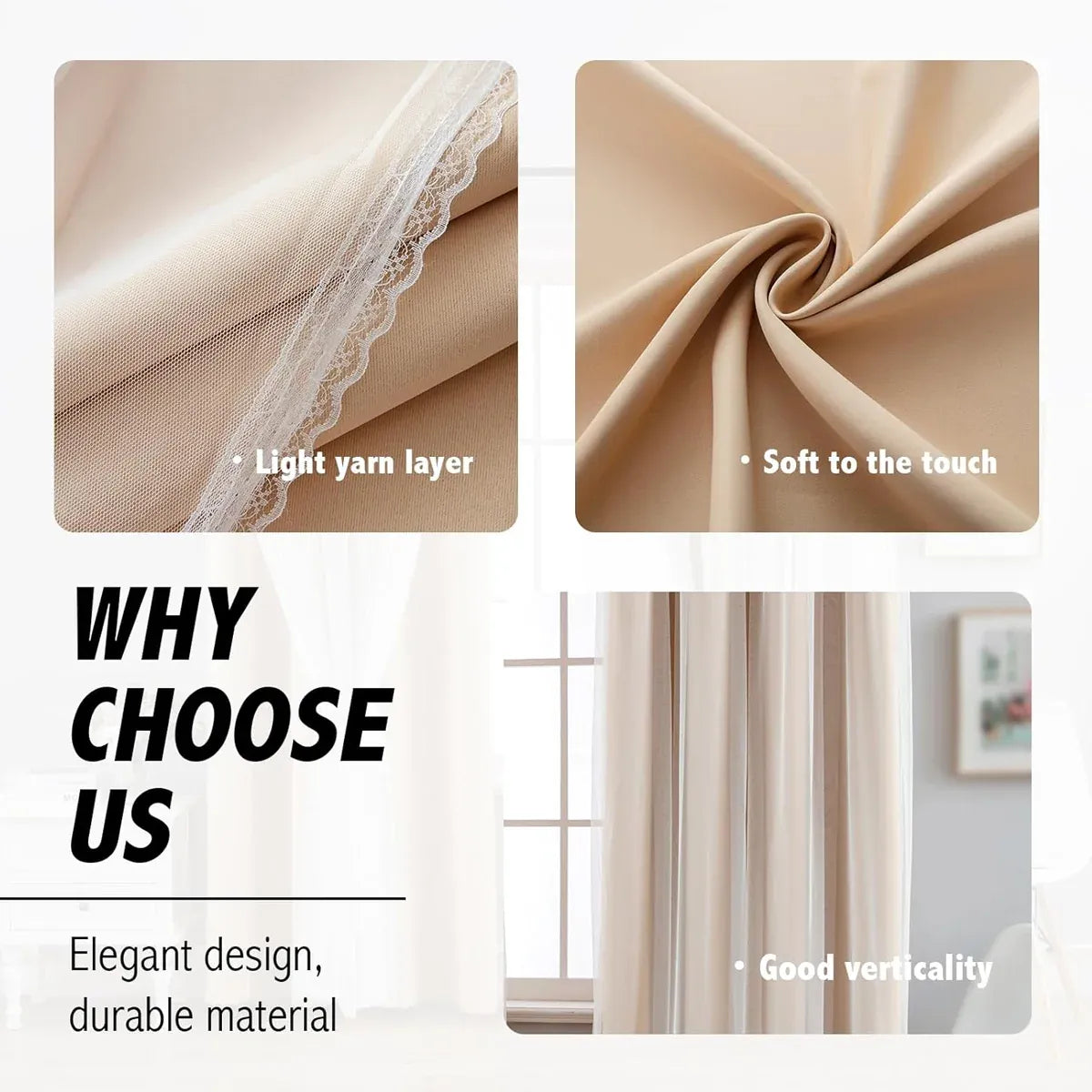 2PCS Double Layer Blackout Curtains With Lace For Bedroom Living Room Window - Beige