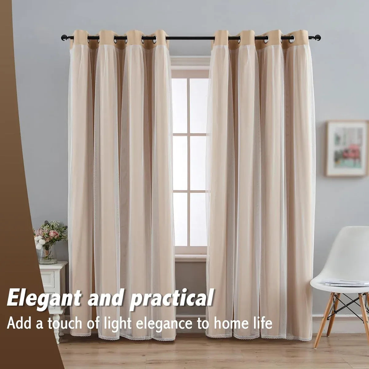 2PCS Double Layer Blackout Curtains With Lace For Bedroom Living Room Window - Beige
