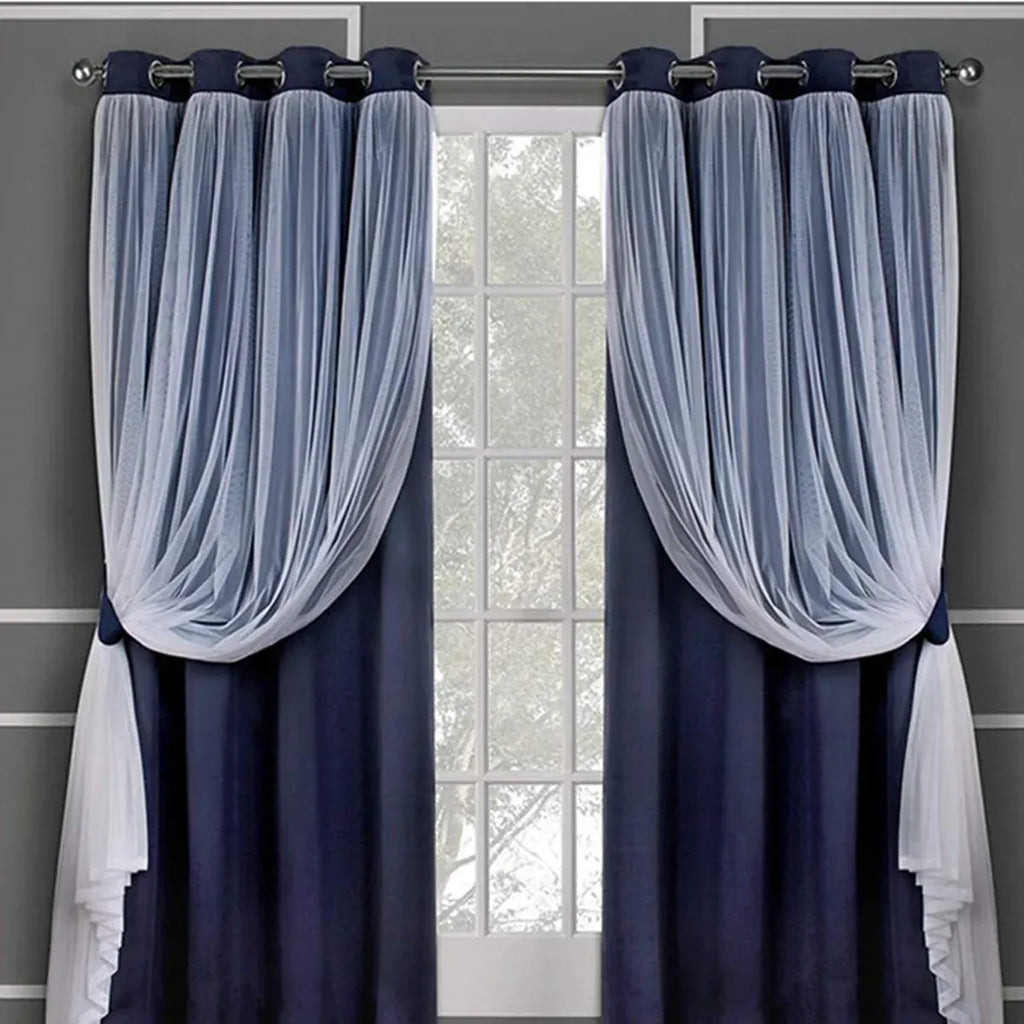 2PCS Double Layer Blackout Curtains With Lace For Bedroom Living Room Window - Beige