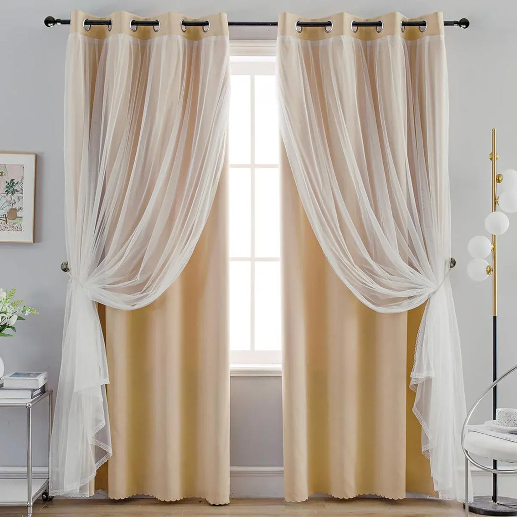 2PCS Double Layer Blackout Curtains With Lace For Bedroom Living Room Window - Beige