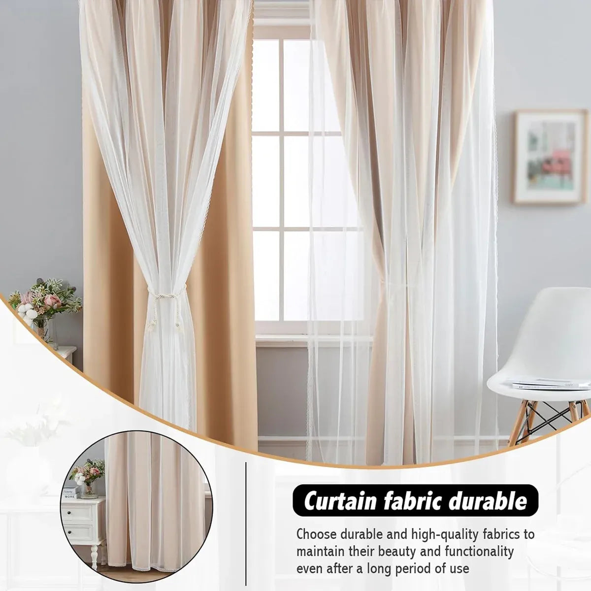 2PCS Double Layer Blackout Curtains With Lace For Bedroom Living Room Window - Beige
