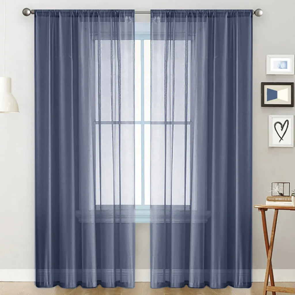 2PCS Solid Color Window Curtains Semi Shading Sheer Drapes Room Divider Use - Blue