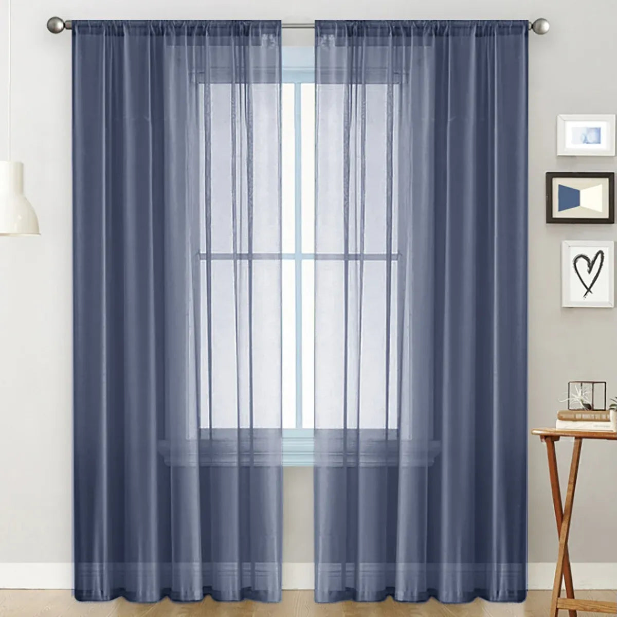 2PCS Solid Color Window Curtains Semi Shading Sheer Drapes Room Divider Use - Blue