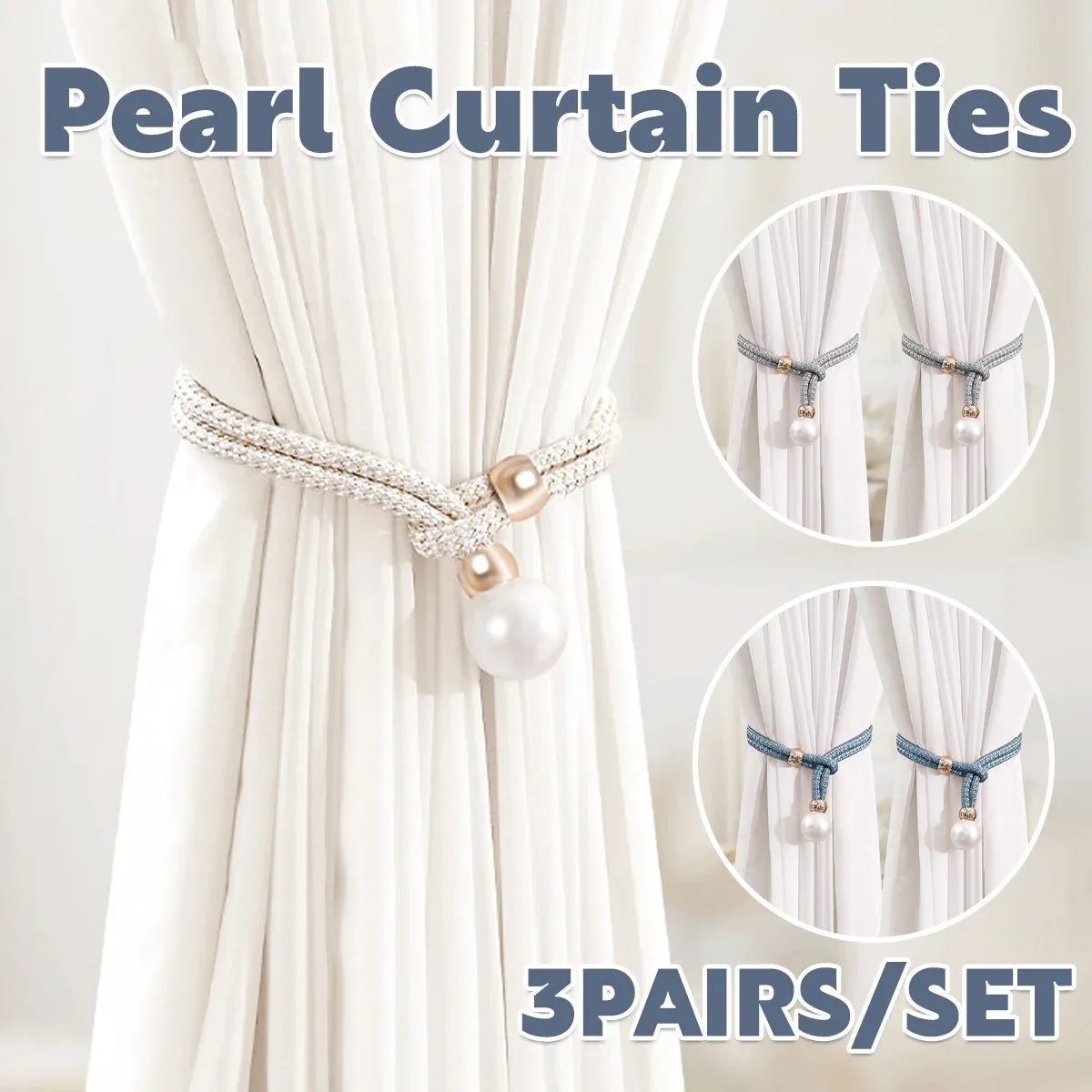 Curtain Tiebacks Pearl Strap Set 3 Pairs Decorative Buckle Holder Rings Hooks - White