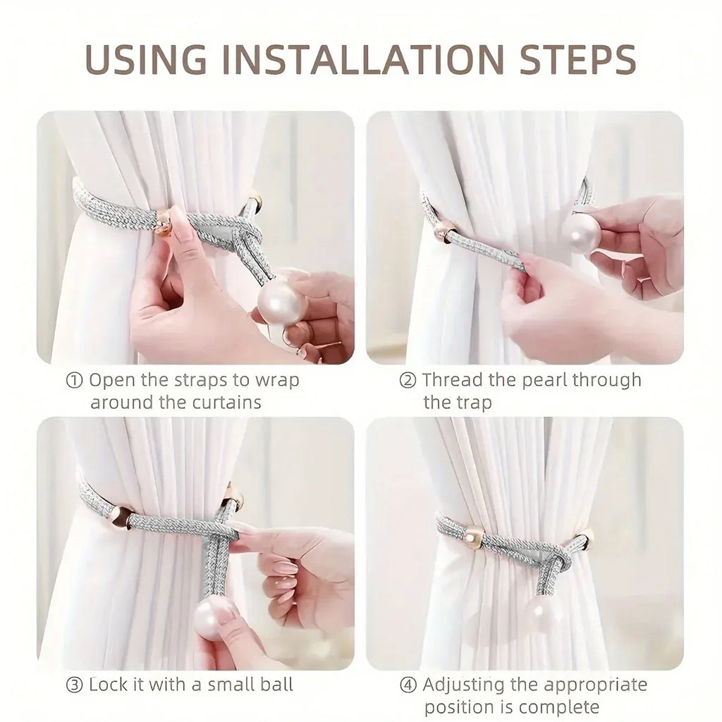 Curtain Tiebacks Pearl Strap Set 3 Pairs Decorative Buckle Holder Rings Hooks - White