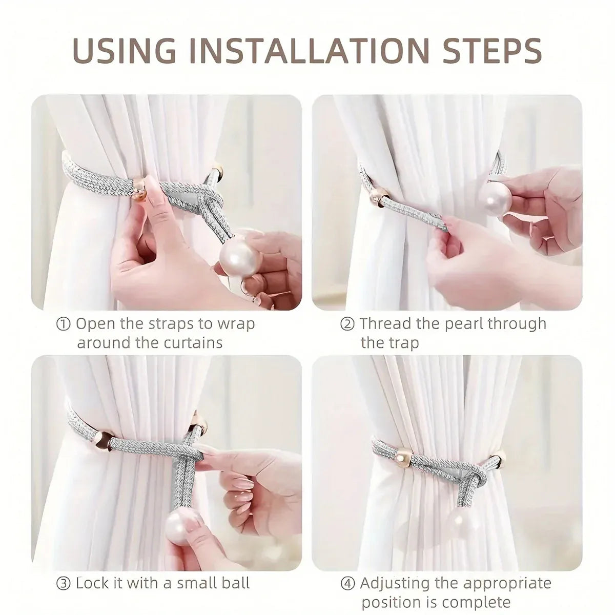 Curtain Tiebacks Pearl Strap Set 3 Pairs Decorative Buckle Holder Rings Hooks - White