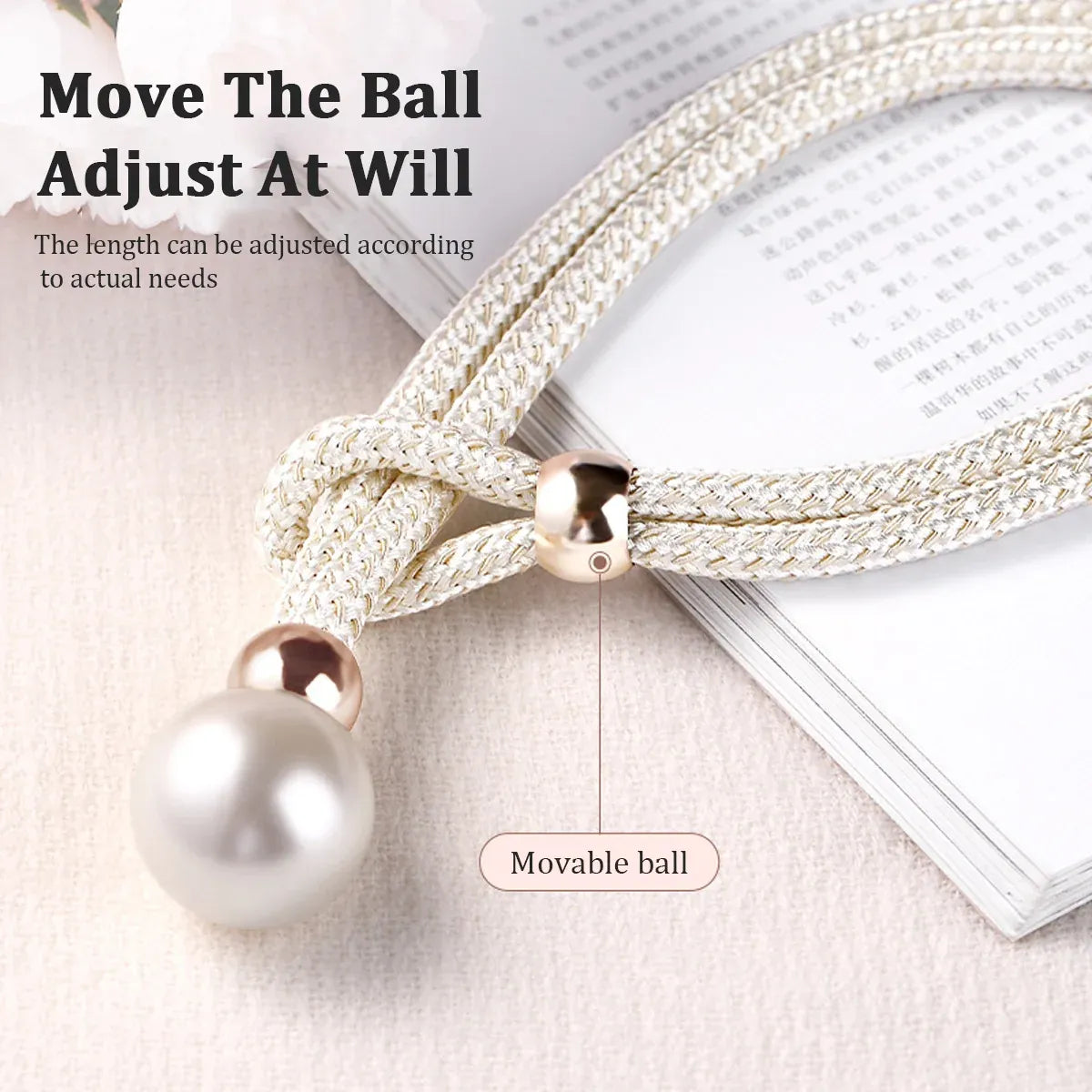 Curtain Tiebacks Pearl Strap Set 3 Pairs Decorative Buckle Holder Rings Hooks - White