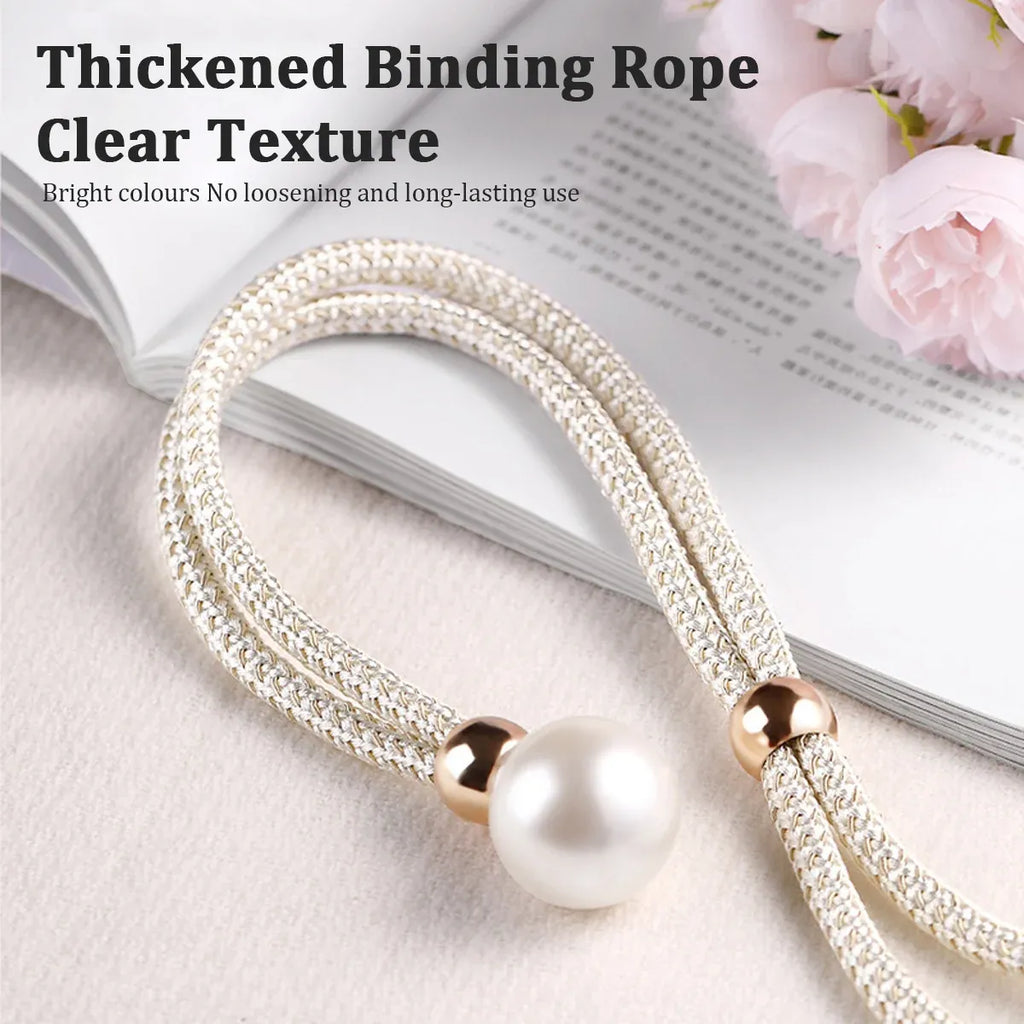 Curtain Tiebacks Pearl Strap Set 3 Pairs Decorative Buckle Holder Rings Hooks - White