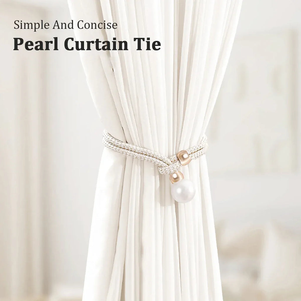 Curtain Tiebacks Pearl Strap Set 3 Pairs Decorative Buckle Holder Rings Hooks - White